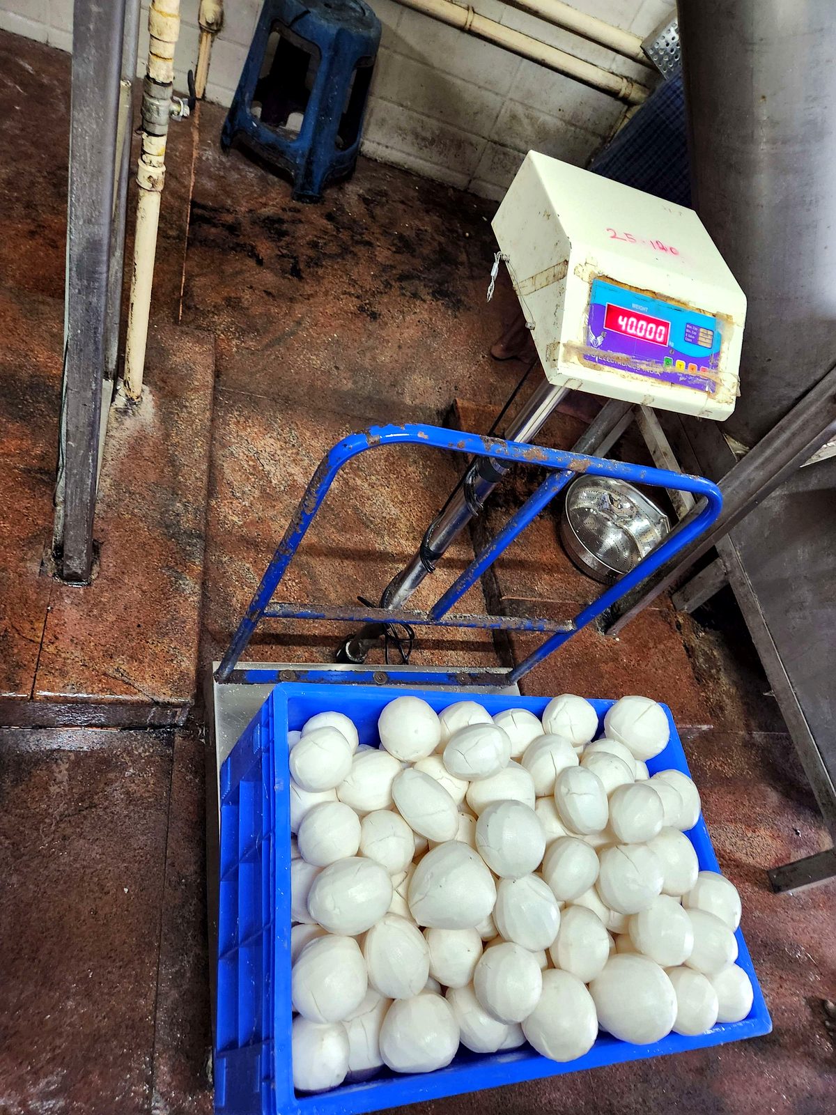 Peeled white coconut kernels in a crate at the processing unit